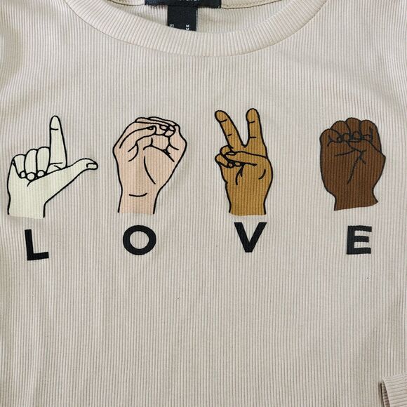 Forever 21 Junior LS Tee Sign Language L.O.V.E. Ivory- Size Medium - Picture 1 of 5